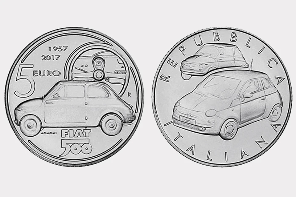 Fiat 500 в честь юбилея модели появился на монетах в пять евро.