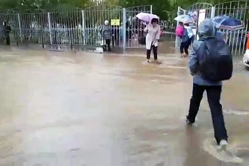 В Солнечном мутные дождевые потоки отрезали доступ к 144-й школе. Стоп-кадр видео из социальных сетей