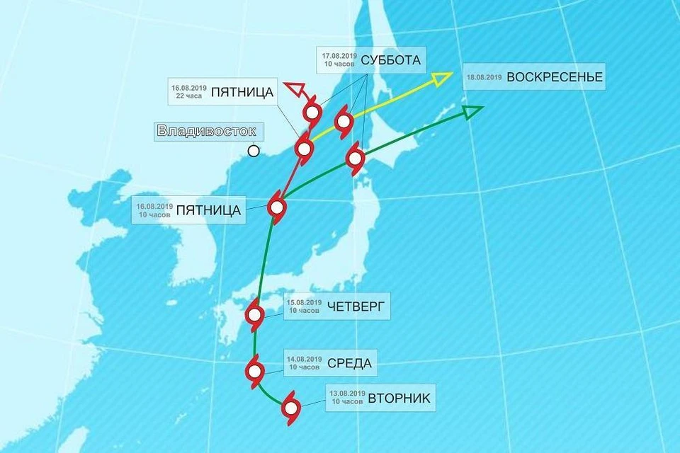 Синоптики изобразили траекторию движения тайфуна «Кроса». Рисунок предоставлен порталом «Примпогода»