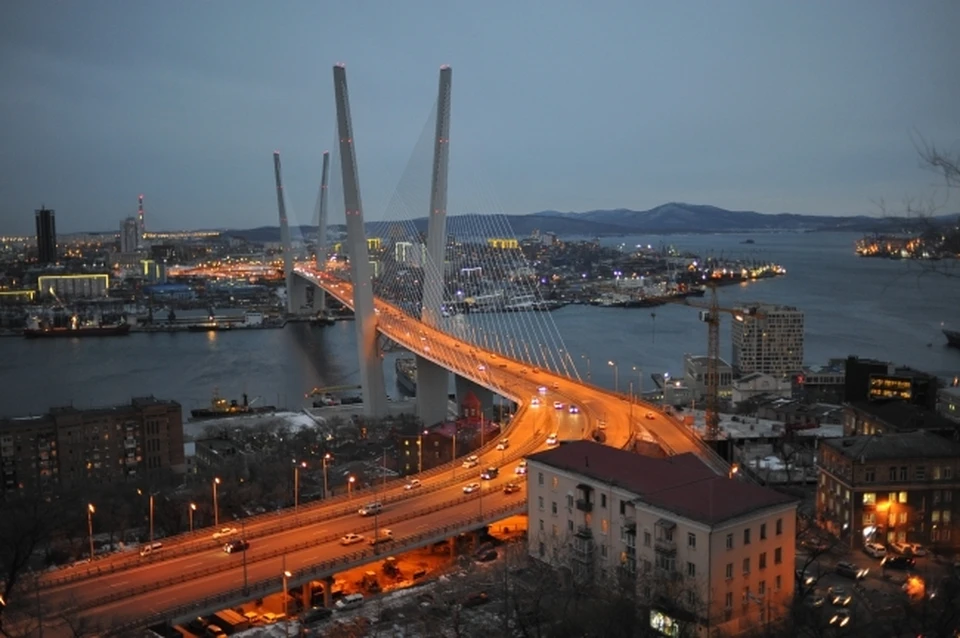 Вид на вантовый мост через бухту Золотой Рог.