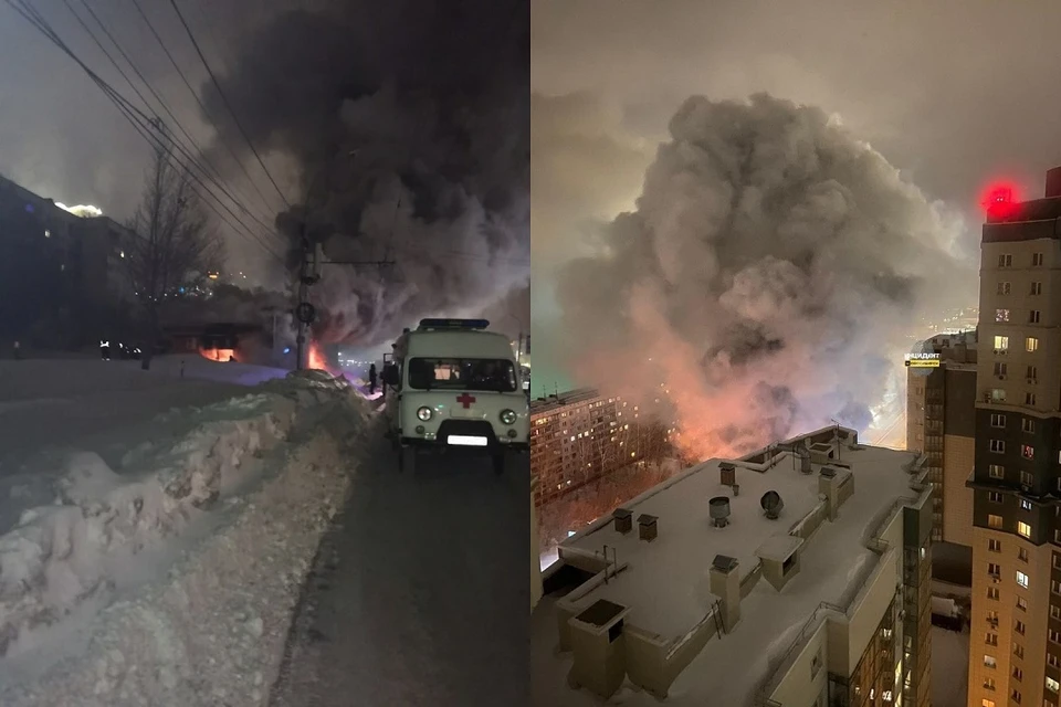 В Новосибирске горит филиал крематория. Фото: https://vk.com/incident_nsk, https://vk.com/dzerjinski_raion