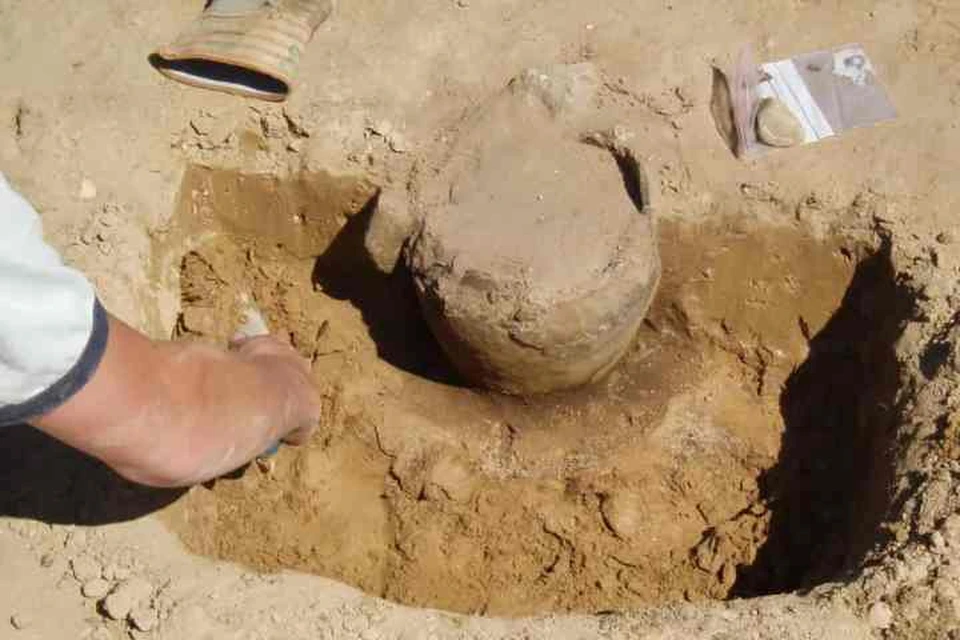 Датские археологи очищают от земли погребальную урну, в которой позже обнаружился янтарный диск.