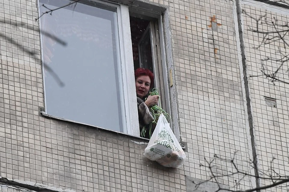 Передача продуктов застрявшей в карантине Дарье Асламовой через окно.