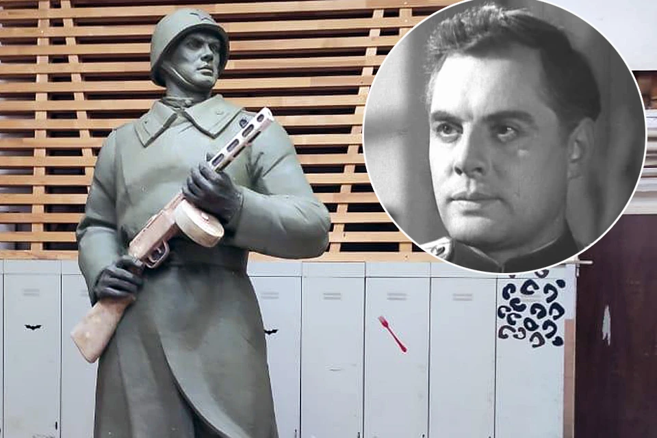Боец в армейской шинели и с пистолетом-пулеметом Шпагина очень сильно напоминает актера Павла Кадочникова