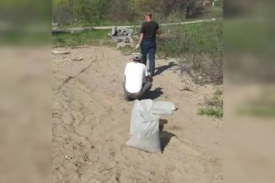 Сибирячку возмутили водитель и его рабочие, ворующие песок с общественного пляжа. Фото: стоп-кадр.