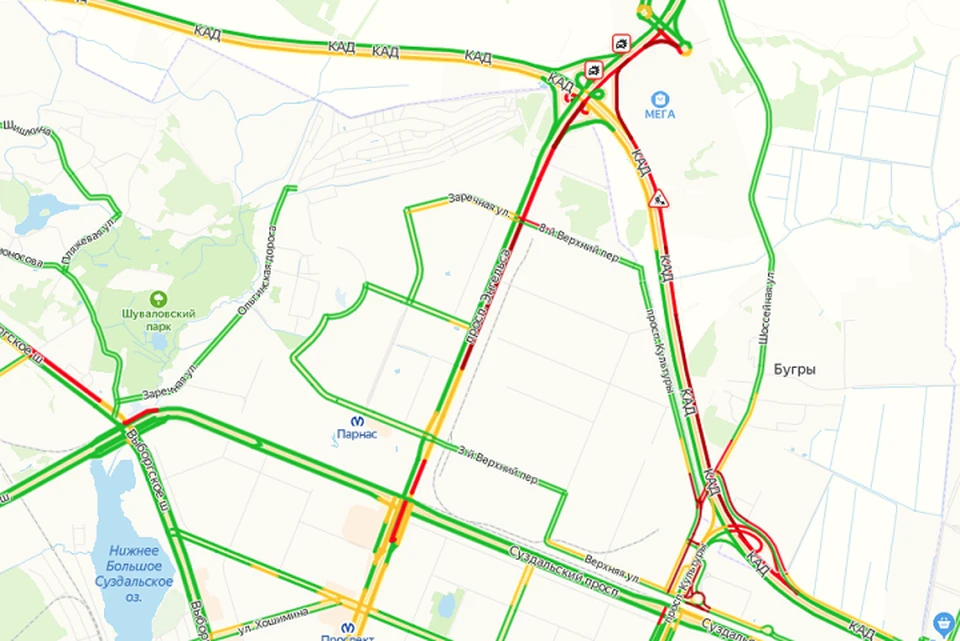 Подъезды к Меге-Парнас встали в сильных пробках. Фото: Яндекс. Карты