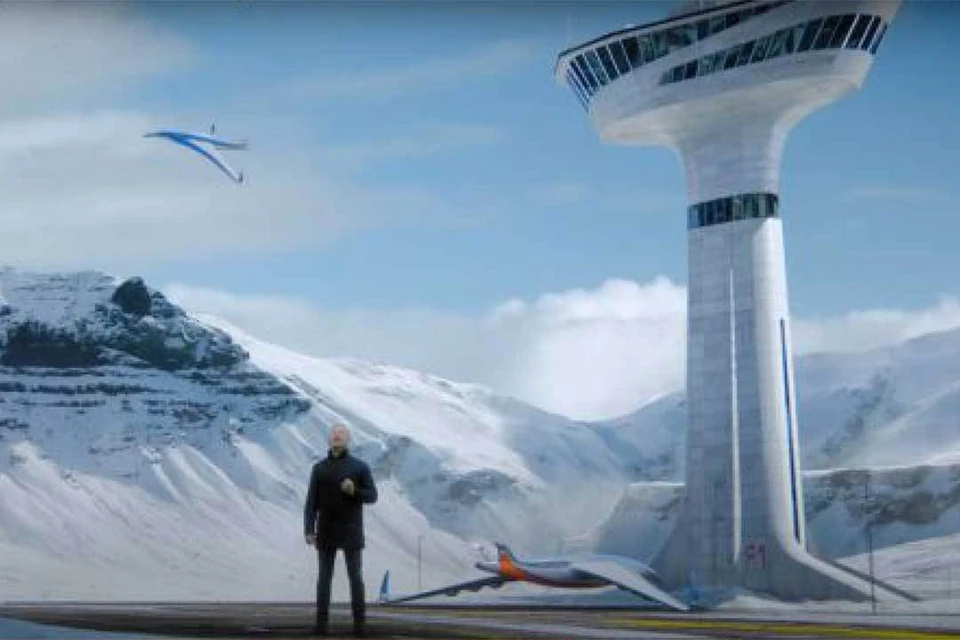 Так будет выглядеть стандартный местный аэропорт в полярном поселке. На смену прожорливым вертолетам придут экономичные и экологически чистые экранопланы, электролеты и дирижабли. Фото: Скриншот видео.