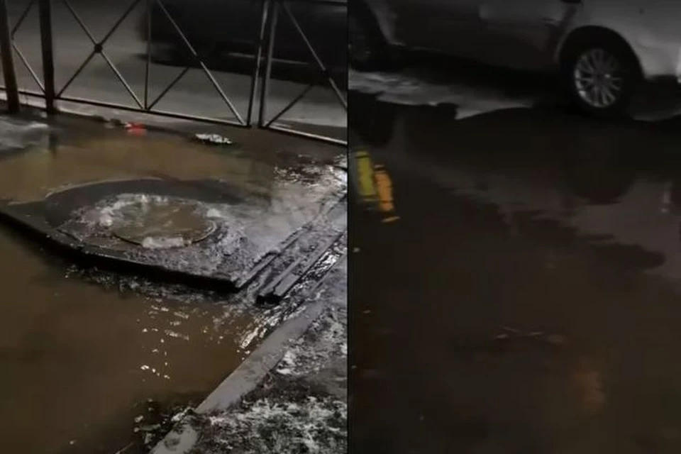 В центре Новосибирска у ливневой канализации сорвало люк — оттуда буквально забил ручей. Фото: Кадр из видео
