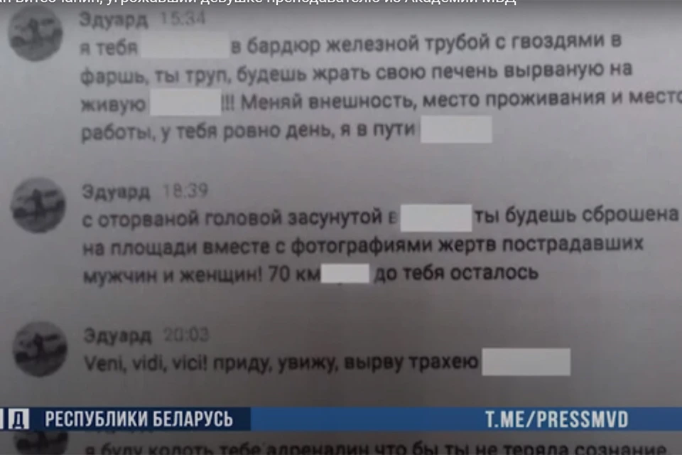 Мужчина разместил на странице девушки в социальной сети множество сообщений с угрозами. Фото: кадр из видео МВД.
