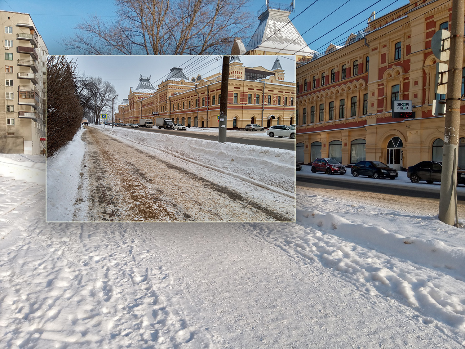 Obyvatelé Nižního Novgorodu jsou nešťastní z obrovského množství písku na chodnících. Foto: Natalya Pavlova