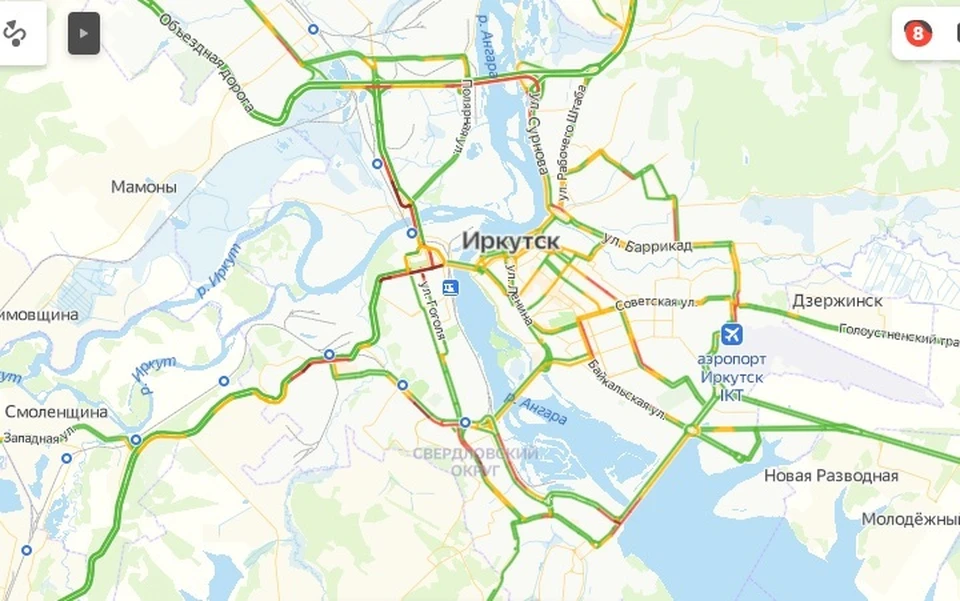 Восьмибалльные пробки образовались в Иркутске утром 1 марта. Фото: Яндекс.Пробки