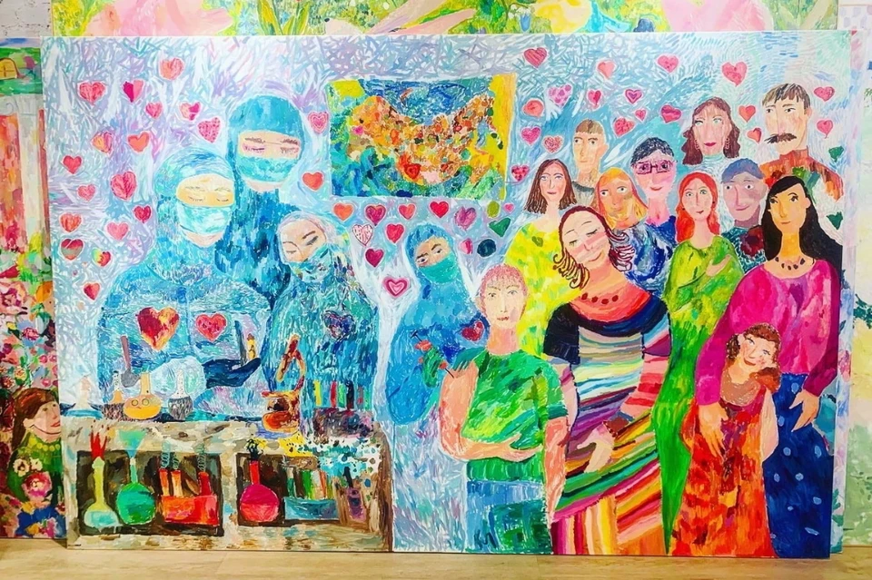 Петербургские дети нарисовали огромную картину в благодарность врачам, которые борются с коронавирусом. Фото: vk.com/mi_risyem