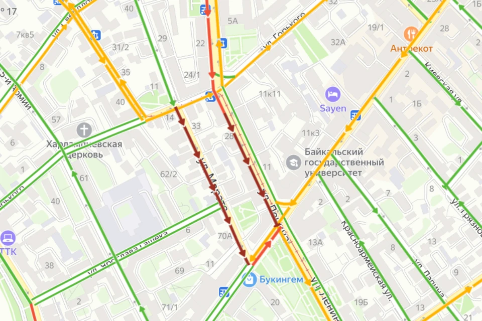 Пробки в 8 баллов образовались вечером, 19 марта в Иркутске. Фото: "Яндекс.Пробки"