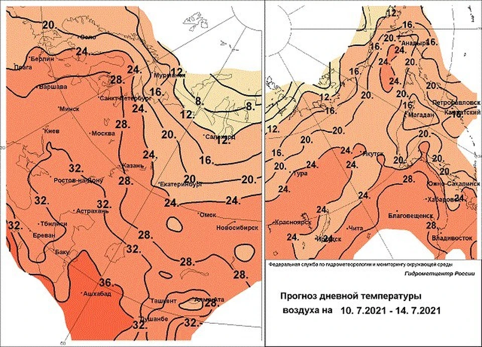 Температурный прогноз до 14 июля от Гидрометцентра России.
