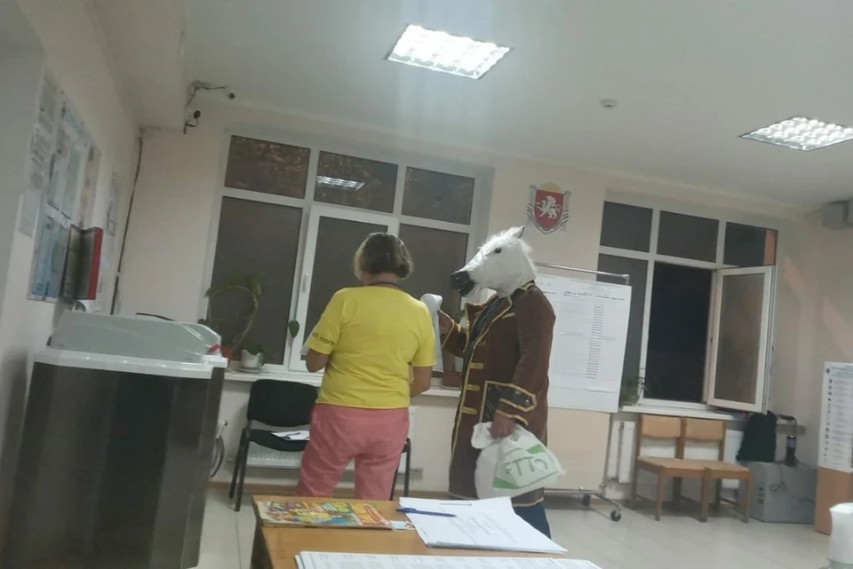 Необычный гражданин в образе "коня в пальто" явился на избирательный участок в Ялте. Фото: Янина Павленко/Вконтакте