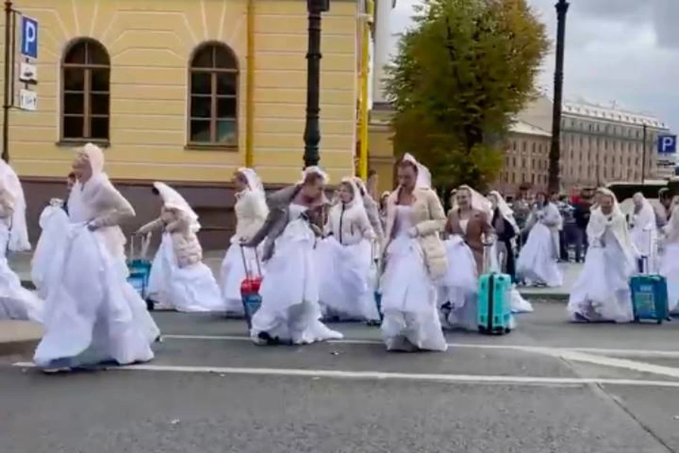 Толпу невест с чемоданами заметили в центре Петербурга
