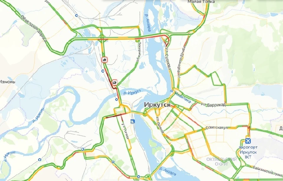 Пробка в 2,5 километра образовалась на улице Трактовой из-за 2 ДТП в Иркутске 28 сентября. Фото: Яндекс.Пробки