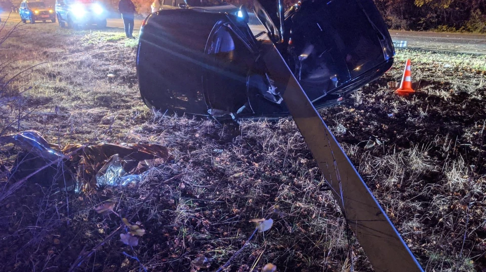 В Орловском районе на «Приору» во время ДТП упал столб, погиб пассажир. Фото: Госавтоинспекция Орловской области.