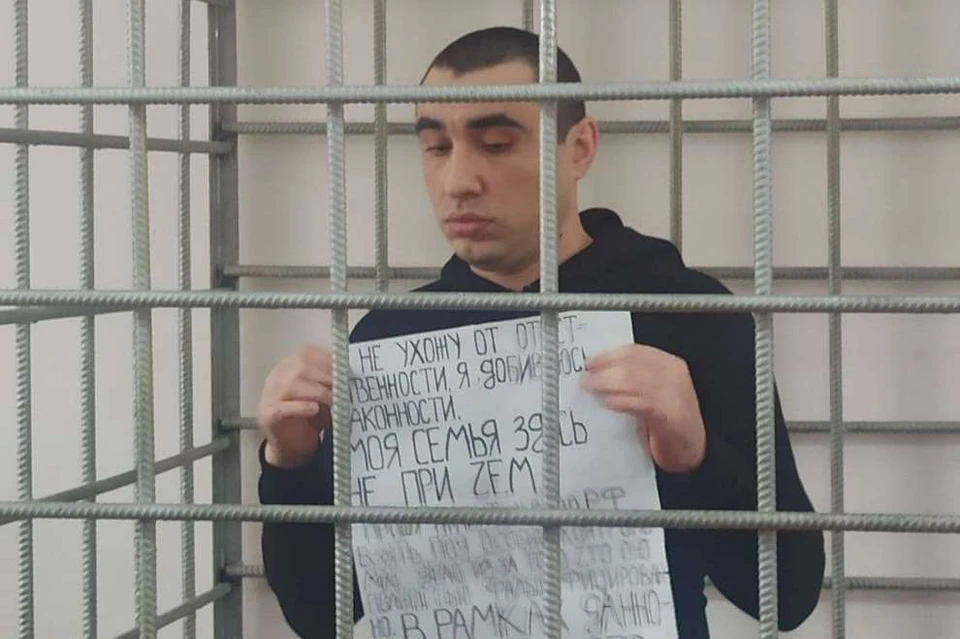 Арсен Мелконян снова пришел в суд с плакатом. Фото: Объединенная пресс-служба судов ВО.
