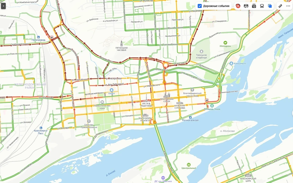 Пробки красноярск сейчас. Яндекс пробки Красноярск 10 баллов. В Красноярске 10 баллов пробок. Пробки в Красноярске картинки.