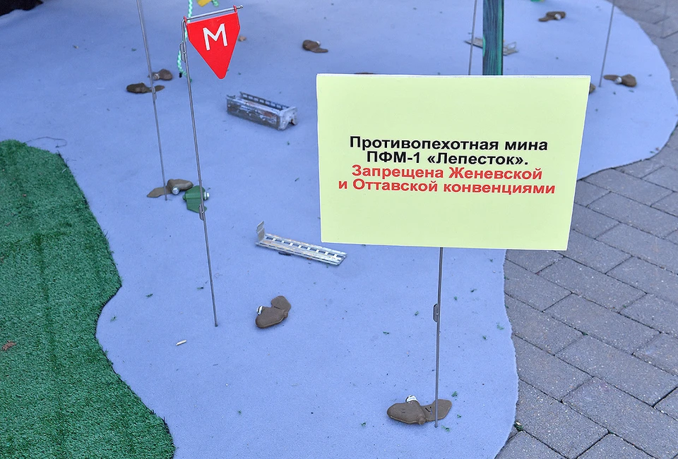 Образец противопехотной мины ПФМ-1 "Лепесток", примененной ВСУ в Донецке в июле 2022 года, на выставке в рамках форума "Армия-2022".