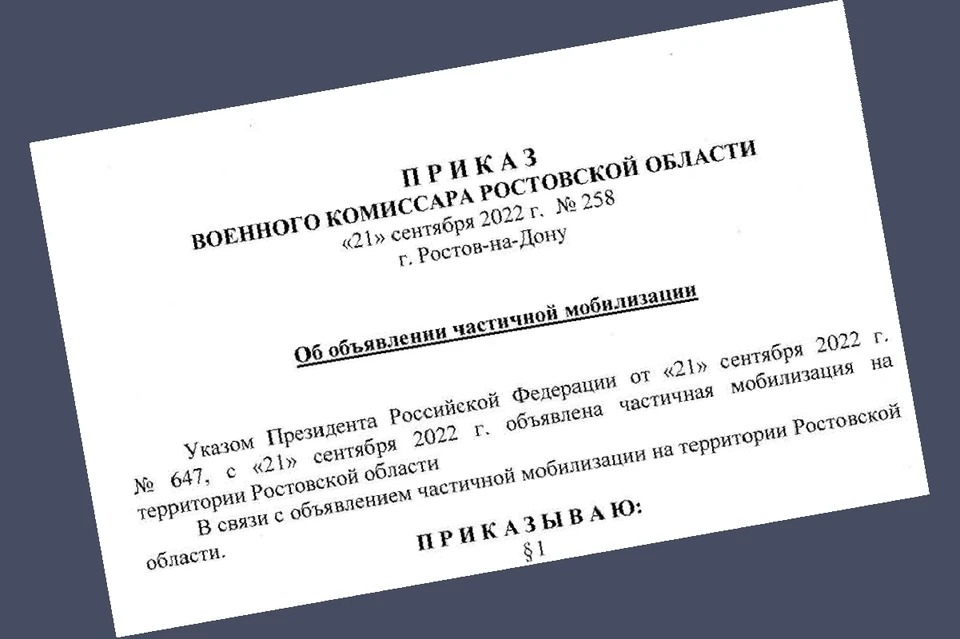 В Ростовской области военный комиссар Игорь Егоров подписал приказ о частичной мобилизации.