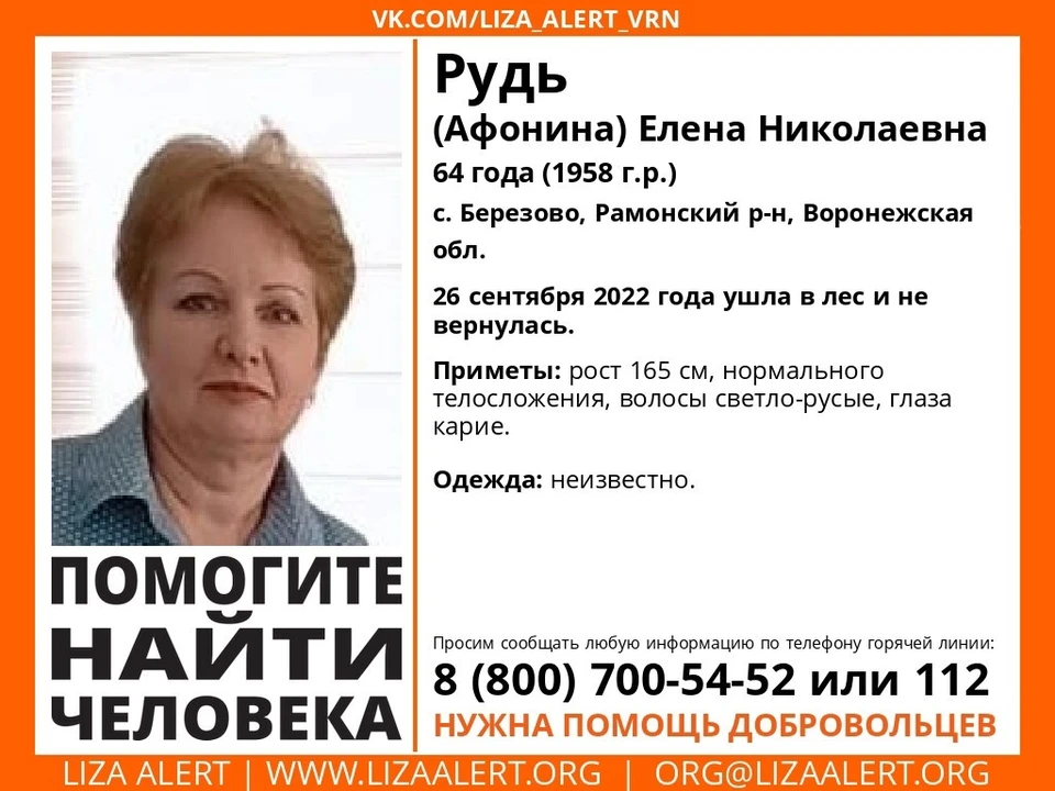 Тех, кто знает о местонахождении Елены Рудь, просьба позвонить по телефонам 112 или 8-800-700-54-52. Фото со страницы "Поисковый отряд "ЛизаАлерт" Воронежской области" в VK.