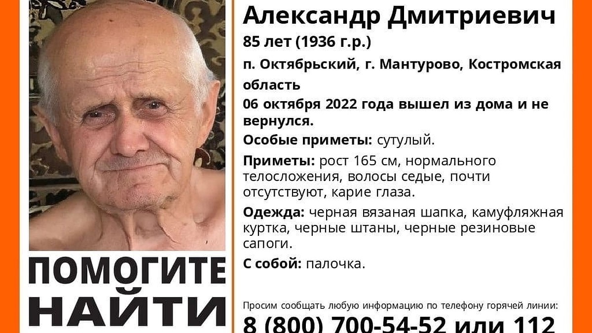 В Костромской области разыскивают сутулого с палочкой 85 -летнего  пенсионера - KP.RU