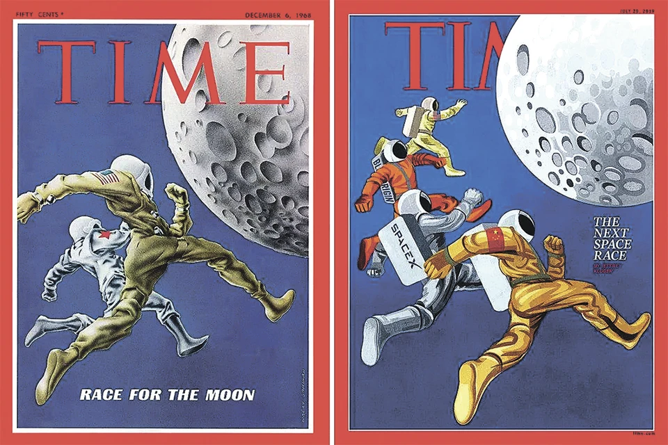 Классическая обложка журнала TIME в 1968 году изображала американского и советского космонавтов, наперегонки бегущих к Луне (слева). В 2019 году вышел «ремейк» обложки (справа): к американцу добавили двух пилотов из частных космических компаний и тайконавта, а вот российский покоритель Луны, увы, исчез.
