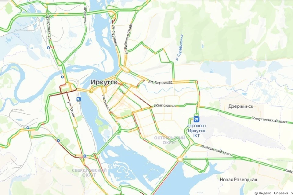 Восьмибалльные пробки в Иркутске 13 января 2023 утром: где заторы. Фото: Яндекс.Пробки