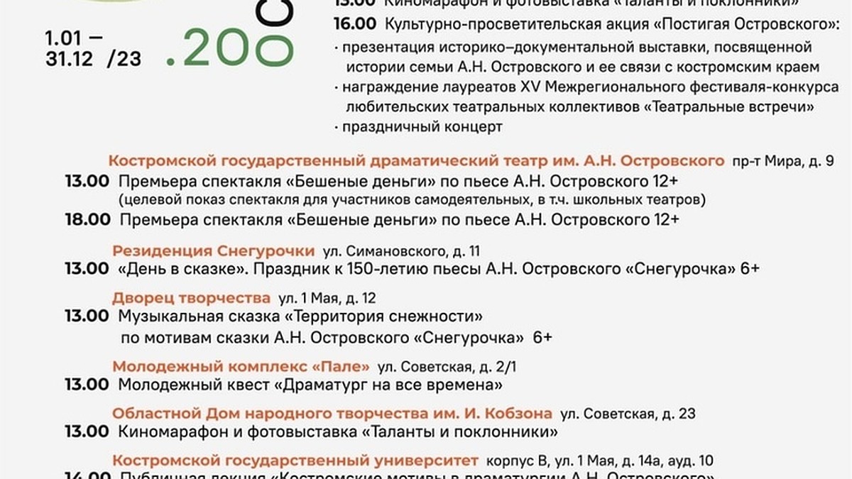 Юбилей Александра Николаевича Островского в Костроме отпразднуют на 9  площадках - KP.RU