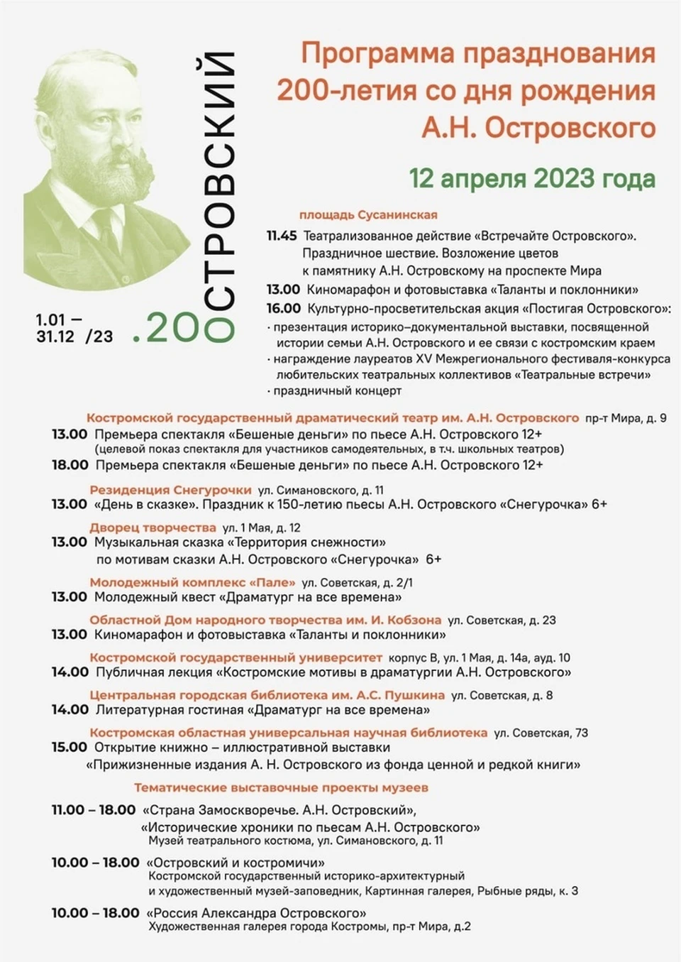 Юбилей Александра Николаевича Островского в Костроме отпразднуют на 9  площадках - KP.RU