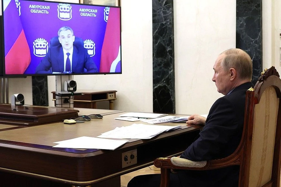 Владимир Путин на рабочей онлайн-встрече с губернатором Амурской области Василием Орловым.