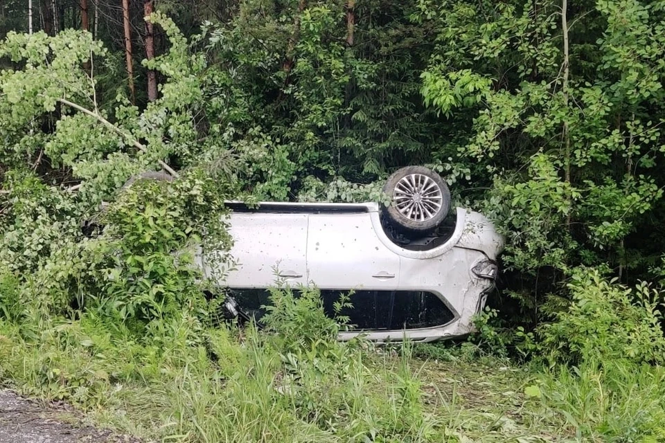 Автомобиль выехал на встречную полосу, а потом съехал в кювет. Фото: ГИБДД по Свердловской области