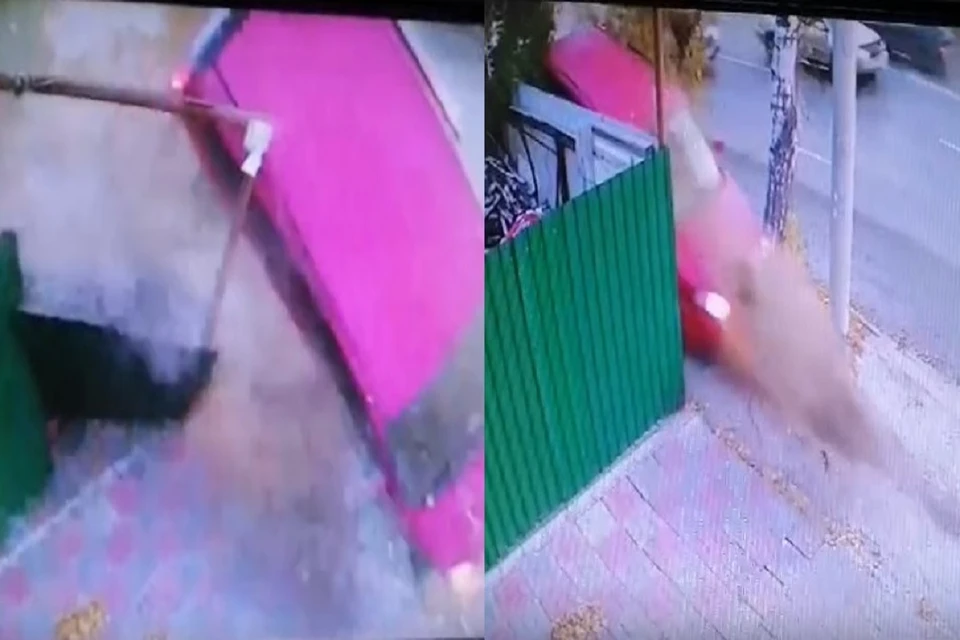 В Новосибирске «Хонда» на бешеной скорости влетела в забор дома и снесла его. Фото: стоп-кад // "АСТ-54".