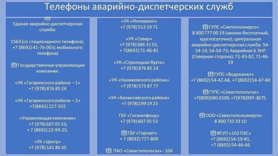 Запишите телефоны аварийно-диспетчерских служб, чтобы они всегда были под рукой Фото: sev.gov.ru