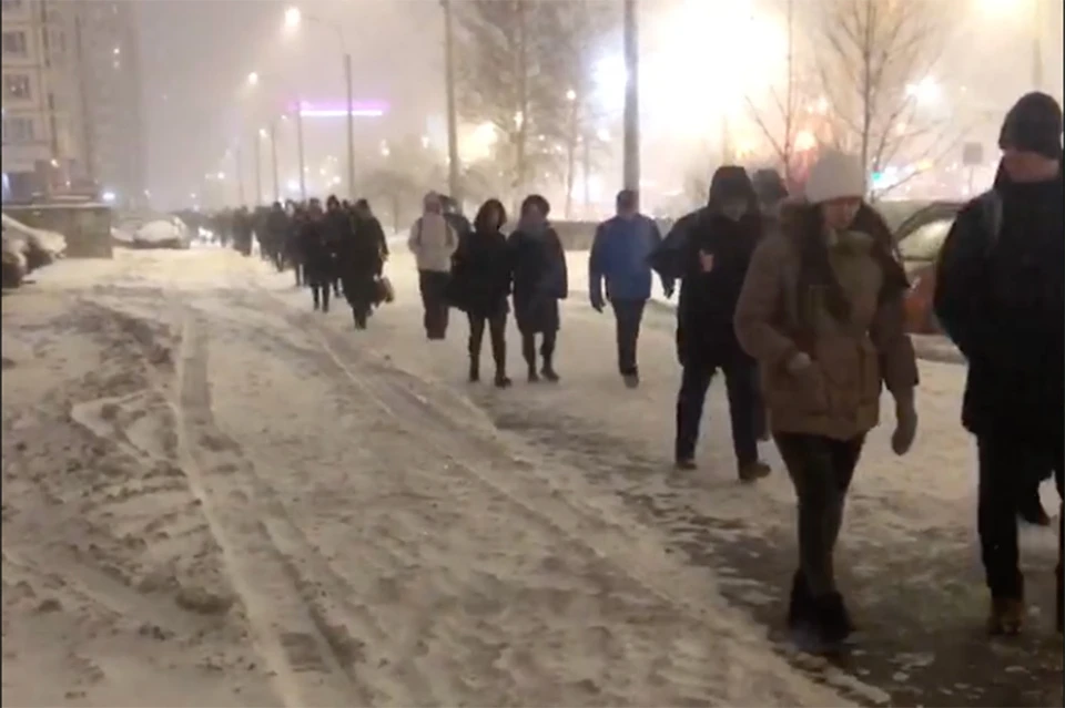 Петербуржцы пешком добирались от метро «Комендантский проспект» из-за метели. Фото: t.me/Komenda24
