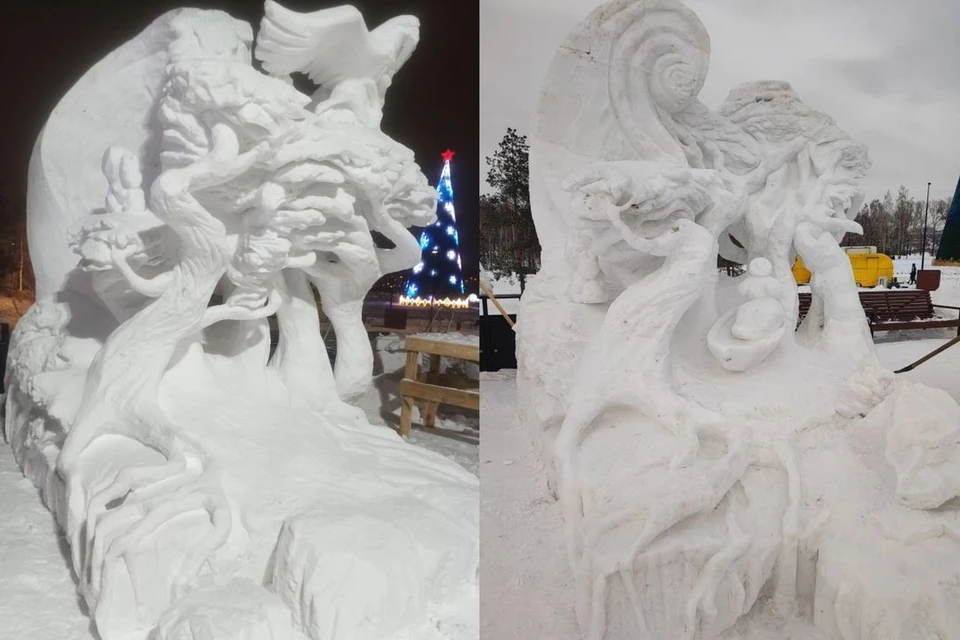 Новосибирские скульпторы завершили реставрацию снежной скульптуры. Фото: предоставлено Мариной Локцик (слева - первоначальный вид, справа - после реставрации)