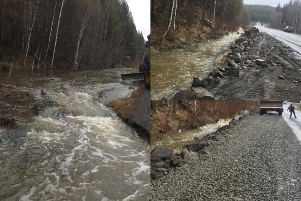 В Усть-Илимском районе горные воды едва не затопили дорогу. Фото: пресс-служба ДСИО.