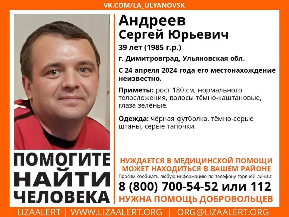 Три дня назад без вести пропал житель Димитровграда, нуждающийся в медпомощи. ФОТО: тг-канал "ЛизаАлерт"