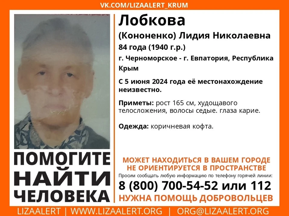 Лидия Лобкова (Кононенко). Фото: Поисковый отряд «ЛизаАлерт» Крым/Vk