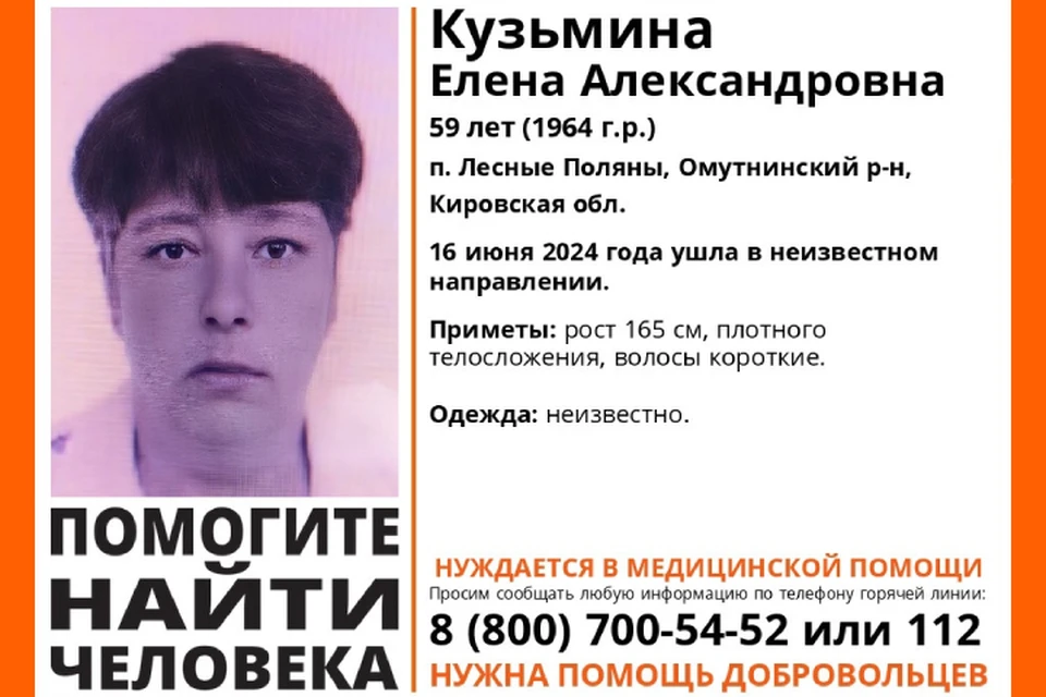 Женщина ушла в неизвестном направлении 16 июня. Фото: vk.com/lizaalert_kirov