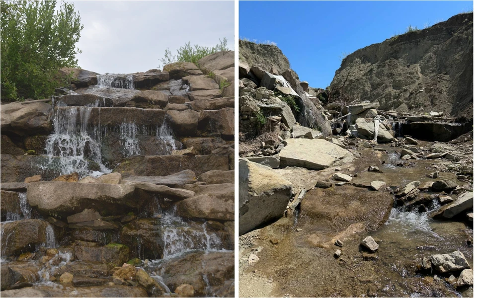 Слева фото Сырейского водопада до паводка, справа - после / Фото: vk.com/kin_r и Екатерина ТЮЛИНА