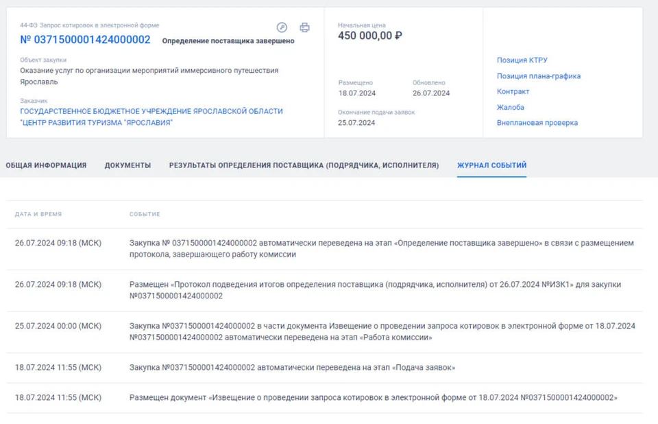 Затраты на проведение иммерсионного путешествия оцениваются в 450 тысяч рублей. Скриншот с официального сайта Госзакупок