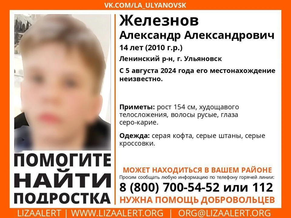 В Ленинском районе Ульяновска 5 августа пропал мальчик-подросток. Фото "Лиза Алерт"