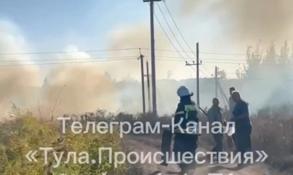 В Болохове пожарные тушили загоревшуюся сухую траву. Фото: Telegram-канал «Тула. Происшествия».