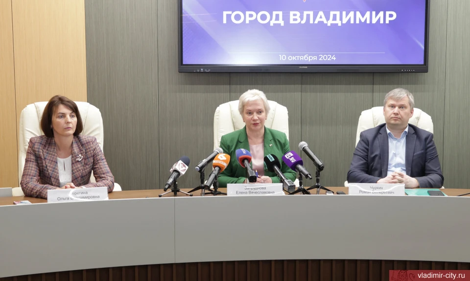 Елена Запруднова (в центре) и Роман Чуркин во время пресс-конференции 10 октября. Фото: администрация города Владимира