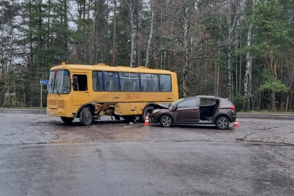 Школьный автобус попал в ДТП на трассе «Павлово-Мга-Оредеж-Луга». Фото: ГУ МВД России по Петербургу и Ленобласти