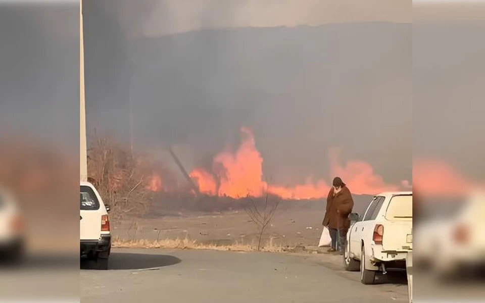 Огонь вплотную приблизился к селу Барабаш. Фото: принтскрин видео telegram-канала «Уссурийск - Михайловский район»