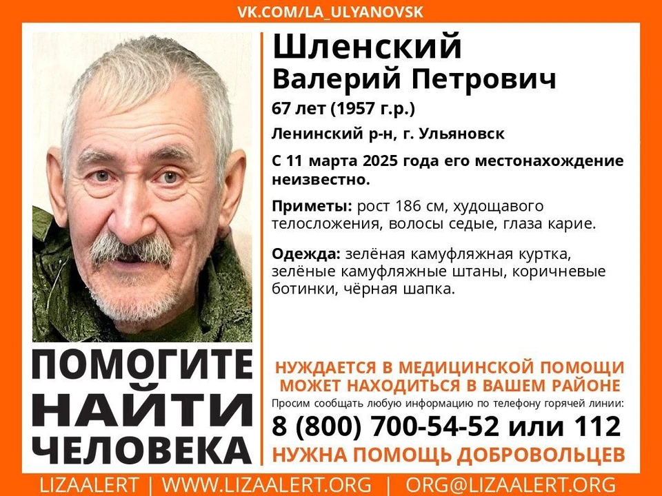 В Ленинском районе Ульяновска 11 марта пропал местный житель. Фото ЛизаАлерт